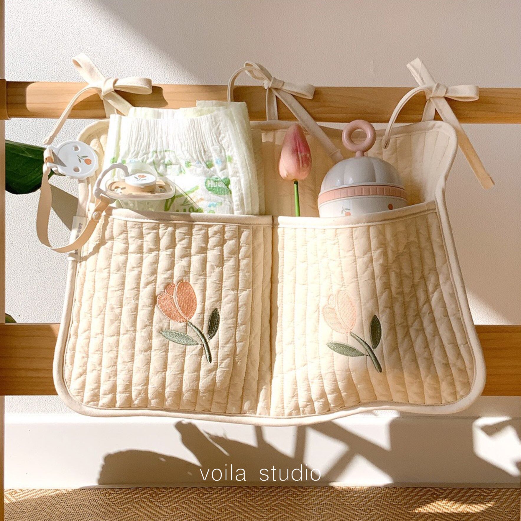 ins Korea crib storage hanging bag storage storage bag diaper diaper bottle hanging bag quilted bed hanging pure cotton