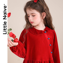 LittleNaive childrens clothing girls red velvet dress plus velvet 2021 Winter new childrens dress dress