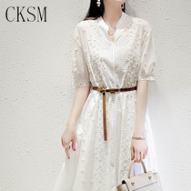 CKSM2021 summer new three-dimensional petal hollow embroidery lace with belt mid-length skirt white dress female