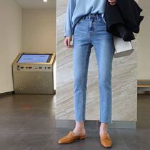 South Korea 2021 Autumn New chic high waist stretch light blue straight jeans women Thin Thin ankle-length pants