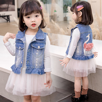 Girls denim vest coat spring and autumn new foreign style female baby horse clip 2 vest 3 4 5 6 7 years old waistband tide