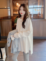Korean version ins white loose long sleeve t-shirt female pure cotton medium long inner lap for autumn and winter big code beating undershirt open fork plus suede