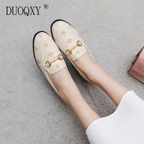 Inlen Wind Small Leather Shoes Girl Spring Small Bee Embroidered Single Shoes Flat Bottom One Foot Pedal Sloth Shoes Genuine Leather White Lefu Shoes