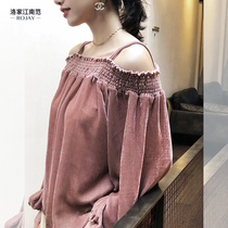 Jiangnan fan off-shoulder top Lantern sleeve top bubble sleeve 2019 early Spring T-shirt womens long-sleeved velvet silk top