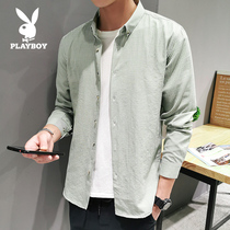 Playboy spring and autumn long-sleeved shirt mens youth Korean version of the slim striped trend thin shirt shirt mens jacket