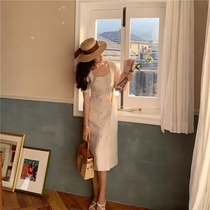 Zhi smoked French Platycodon grandiflorum dress retro square collar dress Hepburn style celebrity dress double-breasted