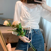 2021 autumn and winter new style chiffon long-sleeved square collar base shirt women with drawstring Korean version of the long top women
