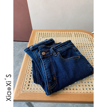 Xiao Xi Jia) dark blue little man ankle-length pants high thin waist elastic elastic elastic small straight tube jeans tide