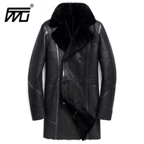 Original double-breasted leather sheep fur leather clothing mens sheep cut velvet slim long mens coat