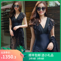 Brands & Counters Lace swimwear womens rims gathered to show thin belly cover sexy black plus size one-piece swimsuit women