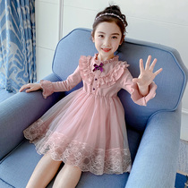 Korean Girls dress 2021 summer Korean version of the childrens lace mesh skirt in the big child long sleeve princess dress Western style