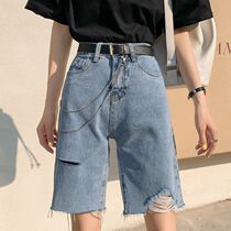 Hot girl high waist denim shorts womens summer thin section 2021 new design loose a-line five-point jeans ins
