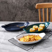Nordic fish plate home Creative ceramic Western food plate baked rice plate double ear long baking plate deep soup plate large dish plate