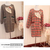 Korean version of cotton plaid apron housework kitchen with long sleeve reverse dress ladies fashion sleeve apron