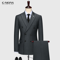 Pure wool suit suit Mens double-breasted Gray Stripe Business formal suit Groom wedding dress Slim Fit