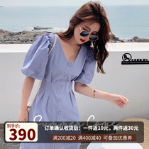  Bubble sleeve dress female 2021 summer new fashion French temperament v-neck high waist a-line waist waist reduction skirt female