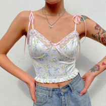 H home sweet and spicy wind bow lace stitching small flower lace vest women age small sexy slender sling