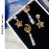 925 silver needle star Moon asymmetric rhinestone earrings temperament Korean personality net tide earrings earrings earrings female