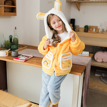 Childrens coral velvet pajamas autumn and winter girls flannel girls home clothes plus velvet thickened suit