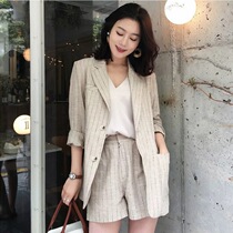 2021 spring and summer cotton linen thin small blazer women foreign style linen suit Korean two-piece shorts set women