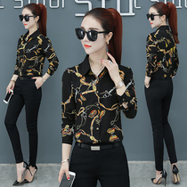 2021 spring and autumn new foreign style flower shirt womens long-sleeved floral chiffon shirt mom print retro base top