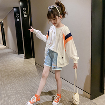 Korean girls zipper shirt sunscreen clothing 2021 summer thin hooded casual foreign style little girl sports small cardigan