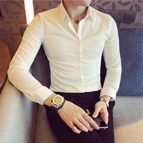 2021 new mens long-sleeved shirt Korean version of the trend white shirt solid color youth casual slim-fit shirt slim-fit