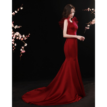 Toast Bride 2021 New Autumn Satin Simple Atmosphere Wine Fish Tail Evening Dress Long Long Tail