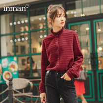 Inman flagship store 2021 new autumn and winter literary lace stand-up collar stripe loose long-sleeved shirt womens shirt top