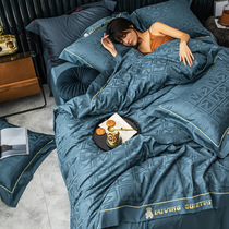 Four-piece set of cotton pure cotton Nordic 100 light luxury satin embroidery sheets Solid color simple quilt cover bedding