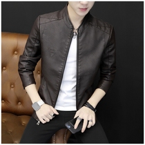 Leather leather mens spring and autumn new Korean slim fashion plus velvet jacket mens handsome thin motorcycle jacket