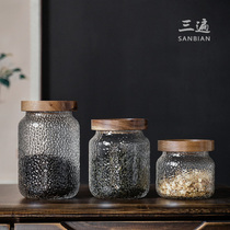 Three times hammer mesh pattern transparent glass sealed tank storage tank Acacia wood cover tea pot moisture-proof Puer tea pot