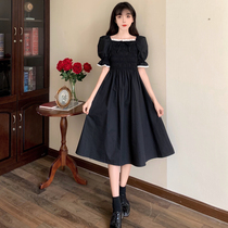 Tea Hysteria Style Square Collar Bubble Cuff College Wind Small Black Dress Fat Mm Big Code Cashew Slim Mid-Length Dress Woman