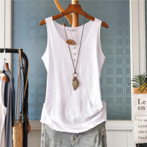 Literary loose button bamboo cotton solid color vest suspenders summer women wear medium and long sleeveless T-shirt Joker top