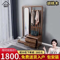 New Chinese style solid wood coat rack hanger floor light luxury entrance bedroom storage with full-body mirror household