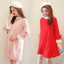 Maternity dress Spring and Autumn long sleeve top long A- line dress autumn winter plus velvet base shirt early spring pregnant women dress