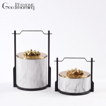 Modern simple marble grain metal storage tank Nordic home living room decoration model room soft decoration