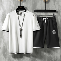 Leisure sports suit Korean trend ins Super fire men with a set of handsome Tide brand Cotton short sleeve T-shirt men