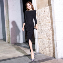 Banquet evening dress dress women 2021 New Noble sexy black shoulder long temperament celebrities light luxury niche