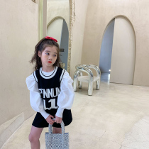 Girl Vest Sweater Dress 2021 Spring Korean version of childrens baby girl round collar pullover black and white letter wool dress