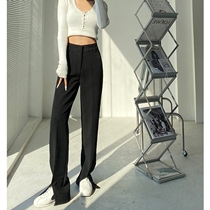 Color slit pants side open chopsticks elastic waist drop feel split suit pants women Summer black wide leg pants drop feeling