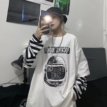 Long-sleeved t-shirt spring and autumn 2021 new Europe and the United States ins womens Korean version of the wild loose hip-hop fake two-piece womens top tide