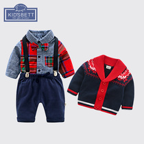 Boy gentleman suit Spring male baby knitted jacket bib pants Three-piece set spring and autumn one-year-old dress birthday