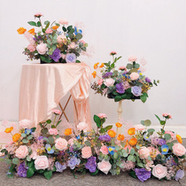 Purple and pink wedding road leading stage decoration flower simulation floral wedding event flowers Roman column flower ball