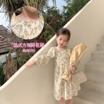  Girls  long-sleeved Floral Square neck Elastic Dress 2021 Spring French female baby small fresh Western style inner skirt
