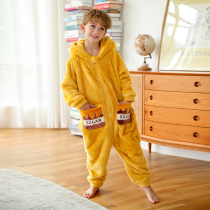 Childrens conjoined pajamas autumn and winter thickened boys flannel little boy coral velvet home clothing anti-kick