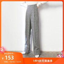 LILY winter new womens gray twill high waist wool loose straight trousers 119430C5126