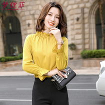 Long-sleeved Chiffon shirt womens 2021 Spring loose collar ruffle fashion Western style semi-high collar pullover base shirt