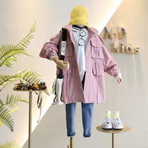 Brand childrens clothing 2019 autumn new girl Han Faner foreign style three-dimensional pocket design shoulder wide windbreaker coat