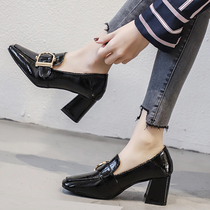 European station 2021 New British small leather shoes women square head thick heel single shoes Korean version of Wild soft bottom high heel milk shoes